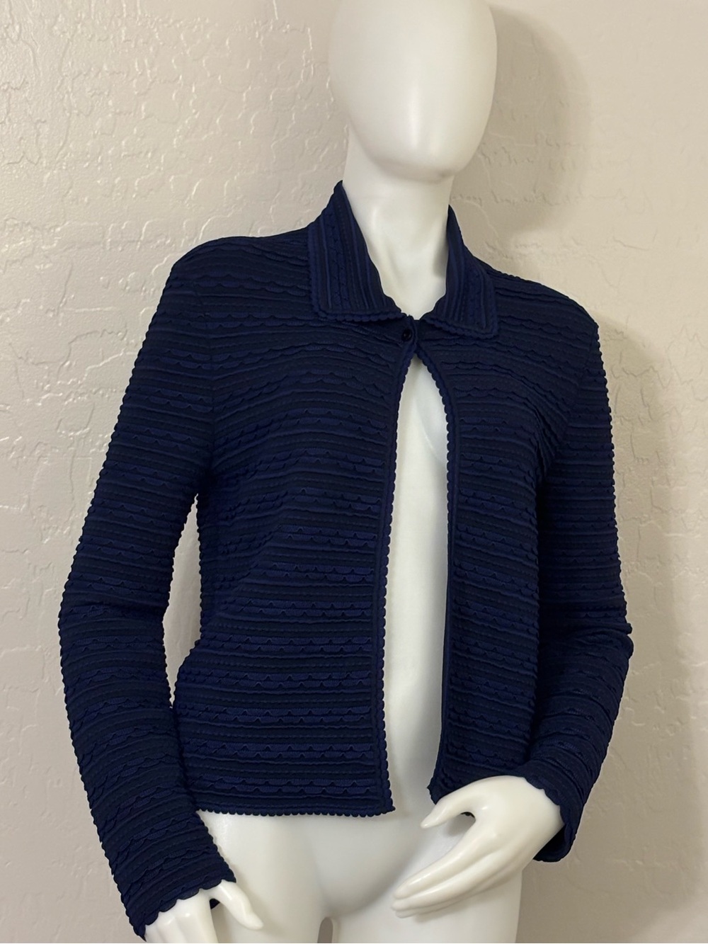 Christian Dior Single Button Open Front Navy Blue Cardigan Jacket Blazer Size 10